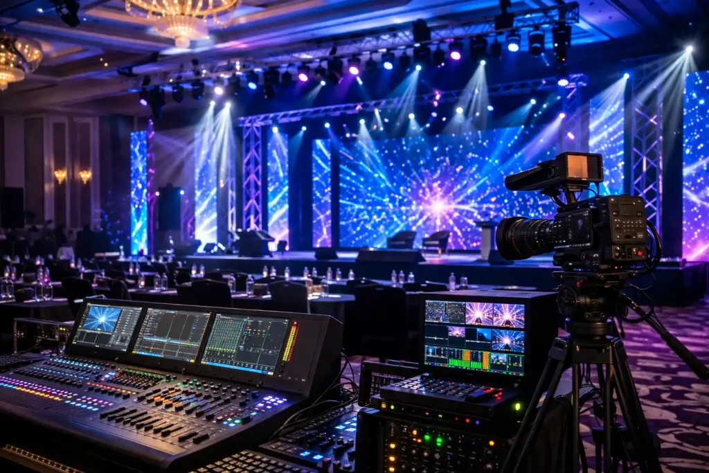 Corporate event AV setup in Dubai with advanced lighting and audio system