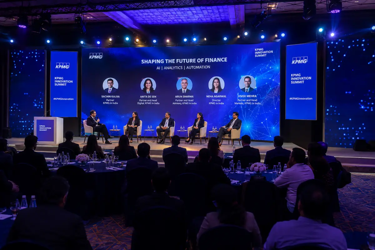 Corporate event setup with stage, LED screen, and professional lighting in Dubai