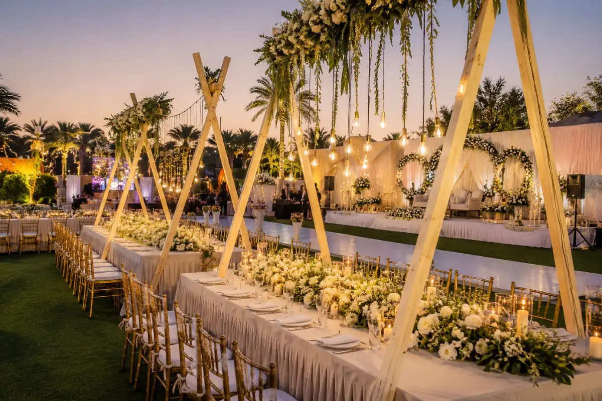 Wedding event setup with elegant décor and professional lighting in Dubai